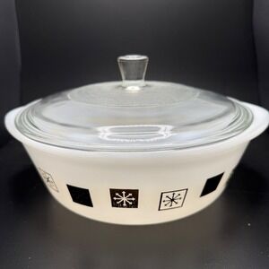 Vintage Atomic Snowflake Milk Glass Casserole Dish with Lid Black White MCM